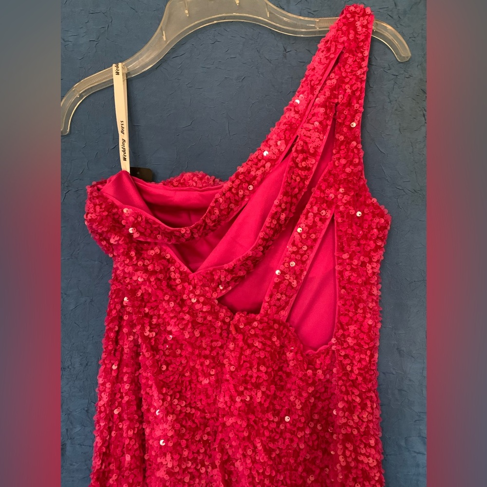 OneShoulder Column Sequin Gown Train Fuchsia Magenta Hot Pink Statement - Picture 13 of 15